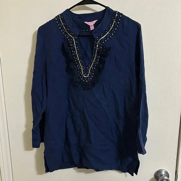 Lilly Pulitzer Beaded Embroidered Tassel Linen Tunic - Picture 1 of 7